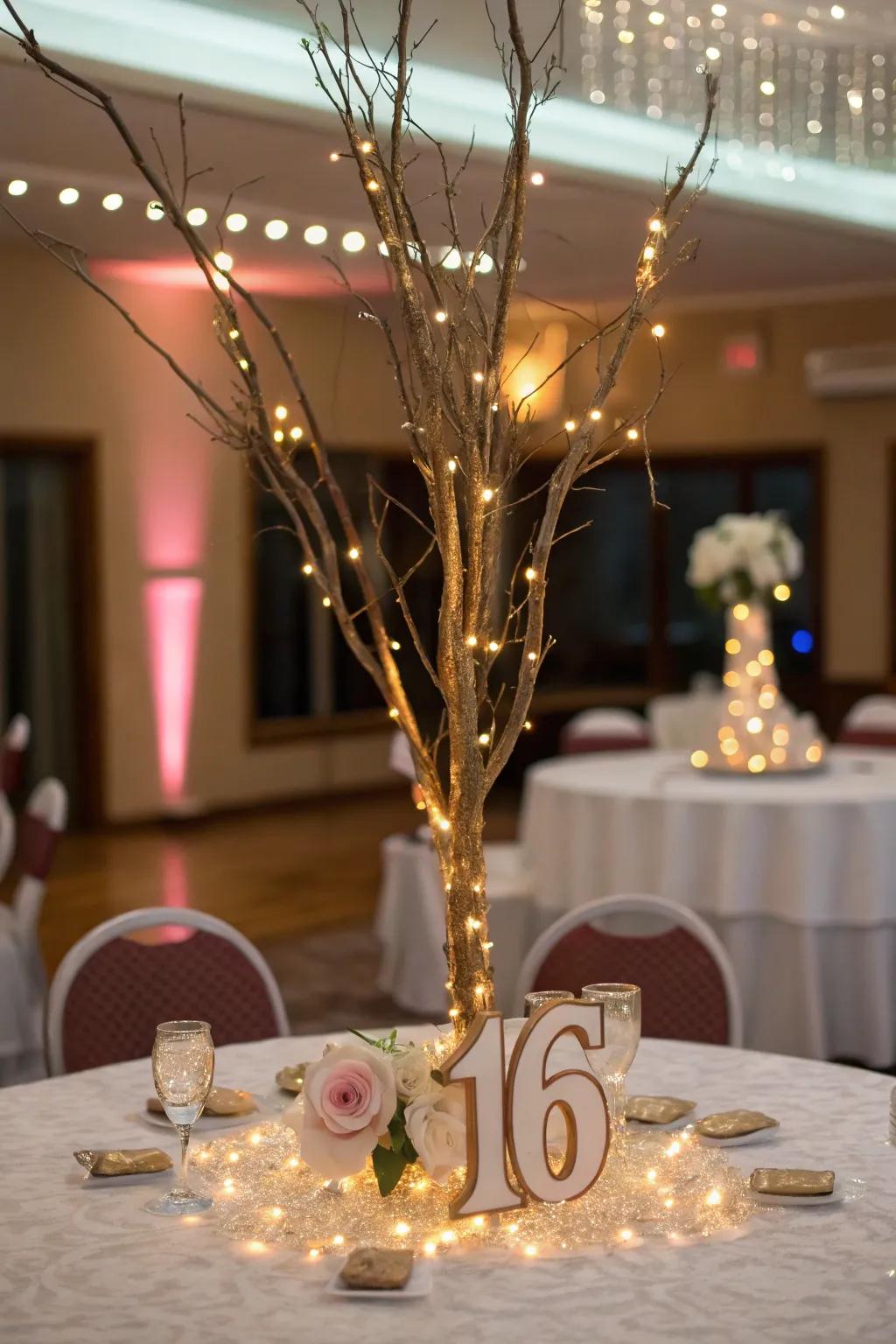 Fairy lights add a magical and enchanting glow to the centerpiece.