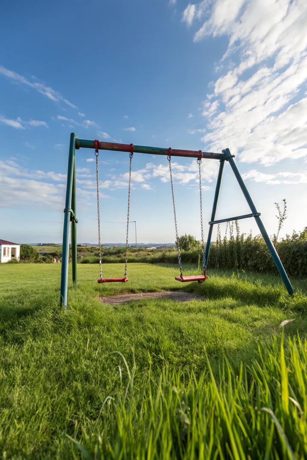 A swing set with a trapeze bar, offering fun and physical challenges.