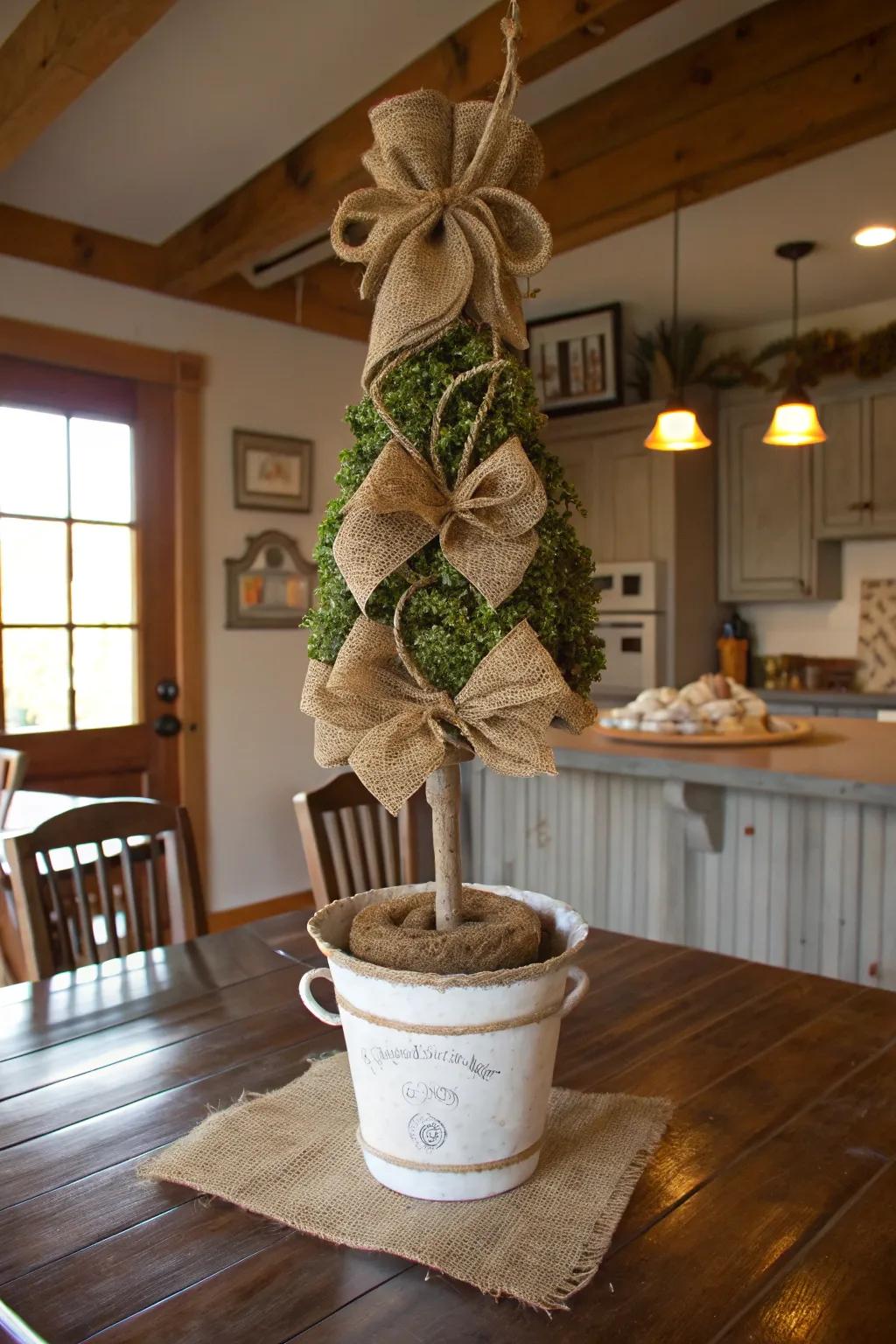 A shabby chic burlap topiary adding warmth and texture to a farmhouse kitchen.