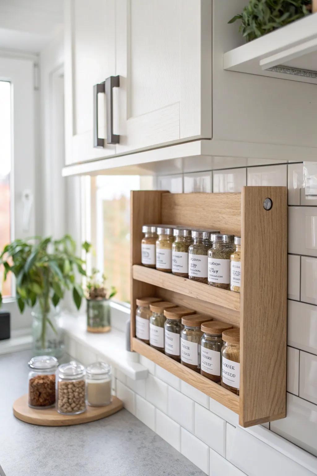 Elevate your kitchen with a touch of nature and simplicity with this DIY floating wood block spice rack.