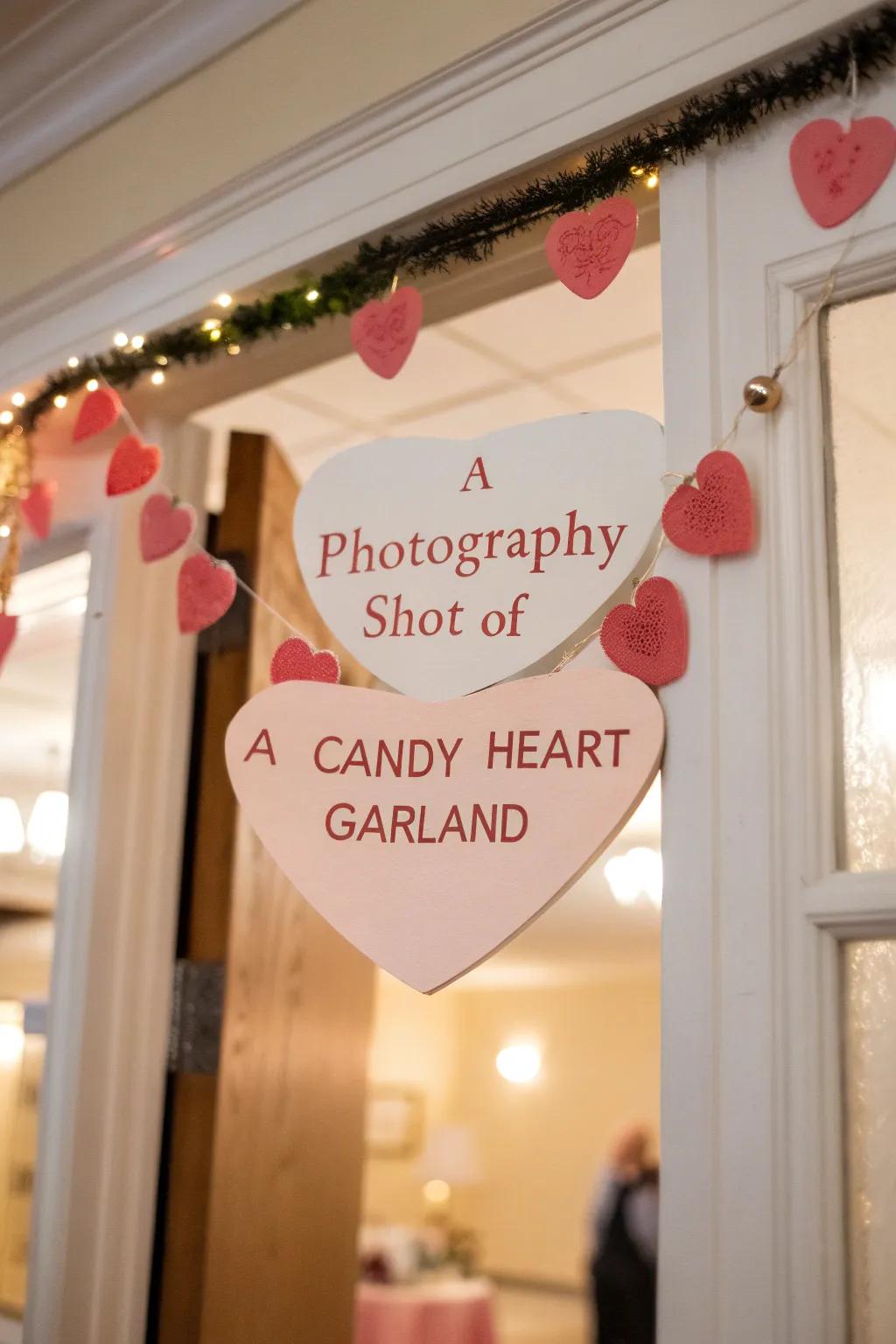 Candy heart garland adds a playful and personalized touch.