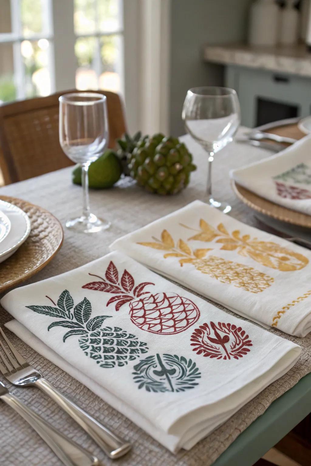 Hand-stamped linens for a personalized touch.