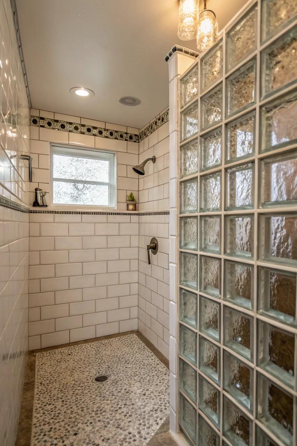 Glass block walls give this doorless shower a retro yet modern appeal.