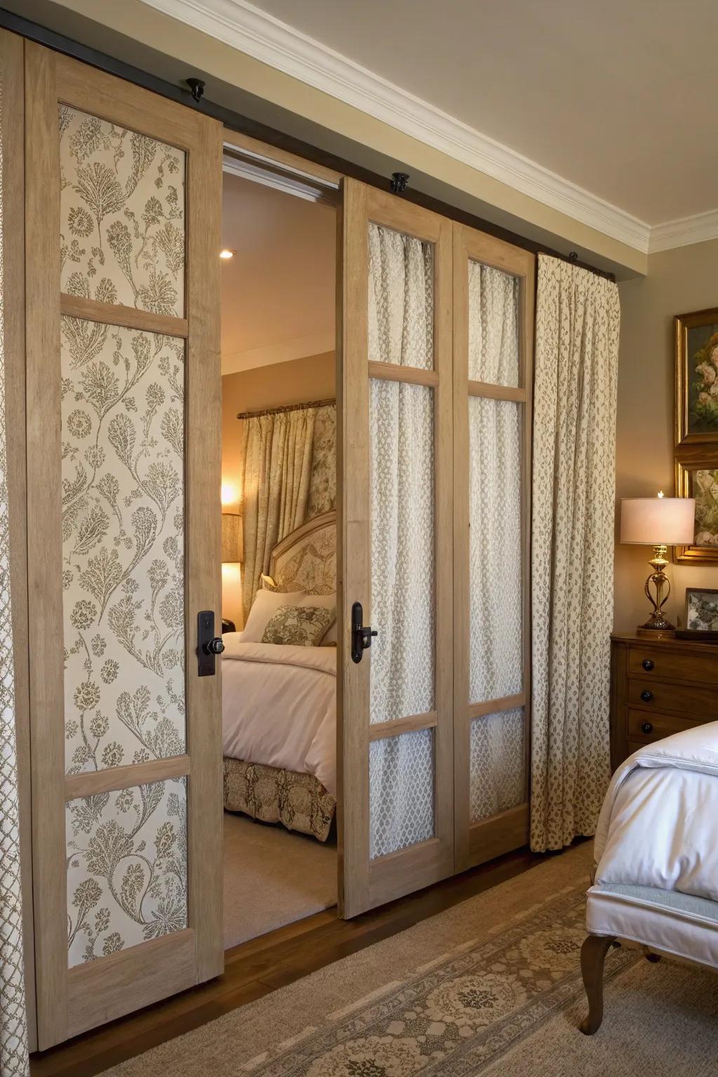 Fabric panels offer a cozy and inviting touch to closet doors.