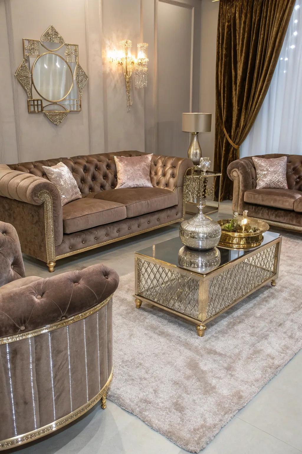 Glamorous touches add elegance and sophistication to the living room.