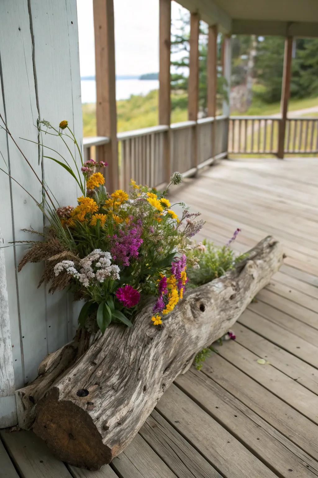 Natural driftwood planter with wildflowers, bringing a meadow feel to a porch.