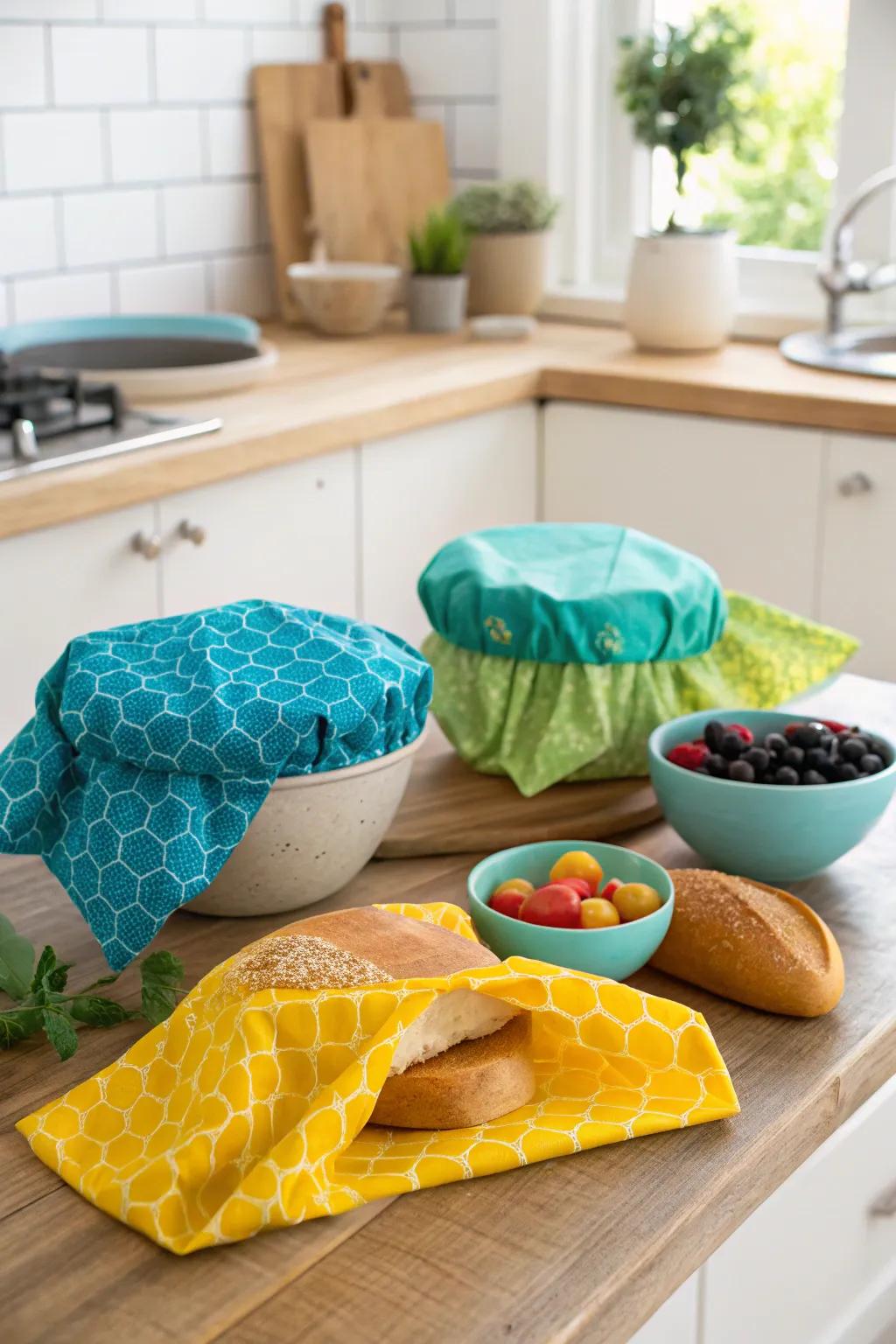 Vibrant beeswax wraps offering a sustainable solution for food storage.