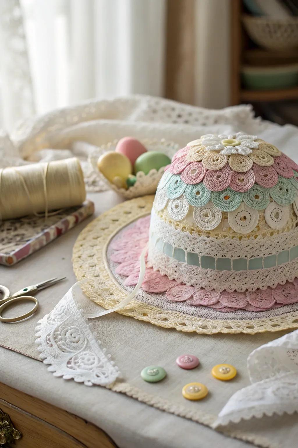 A dainty Easter bonnet with beautiful doily details.