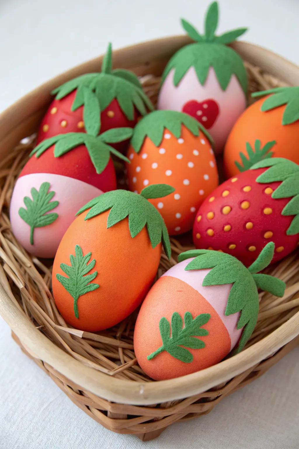 Carrot and strawberry eggs bring a whimsical touch to Easter.