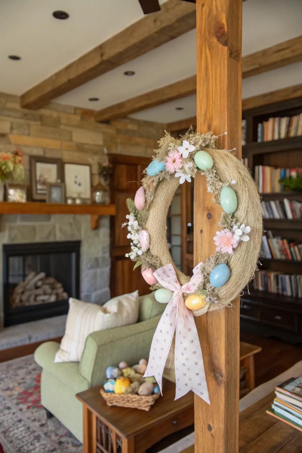 Farmhouse chic with a cotton and burlap Easter wreath.