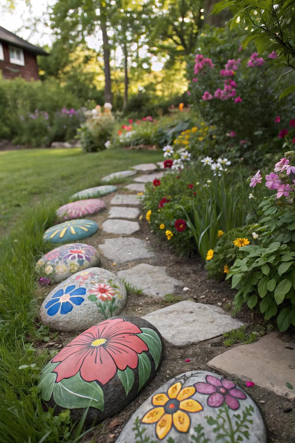 Add a personal touch outdoors with floral rock art.