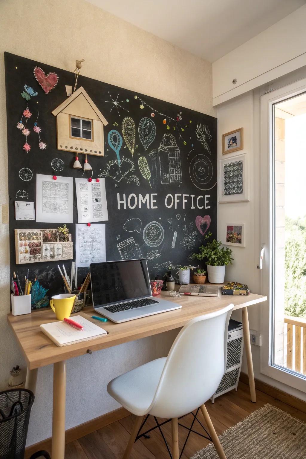 A chalkboard wall offers a creative and functional element in this eclectic workspace.