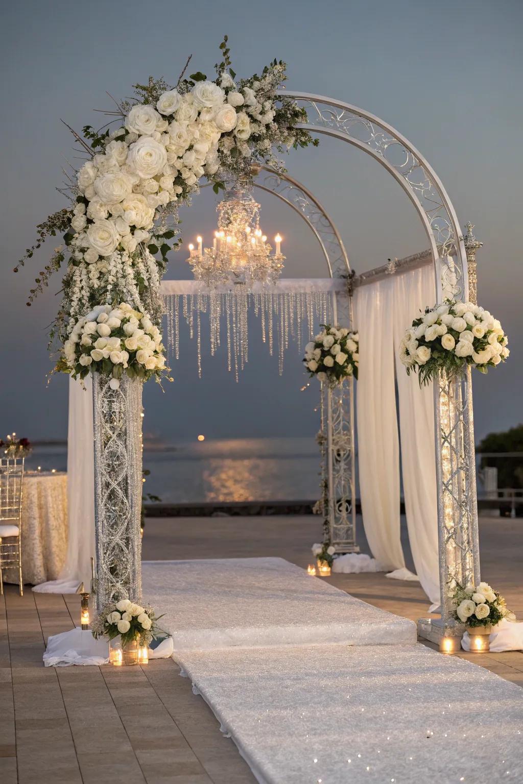 Silver-accented arch frames the ceremony beautifully.