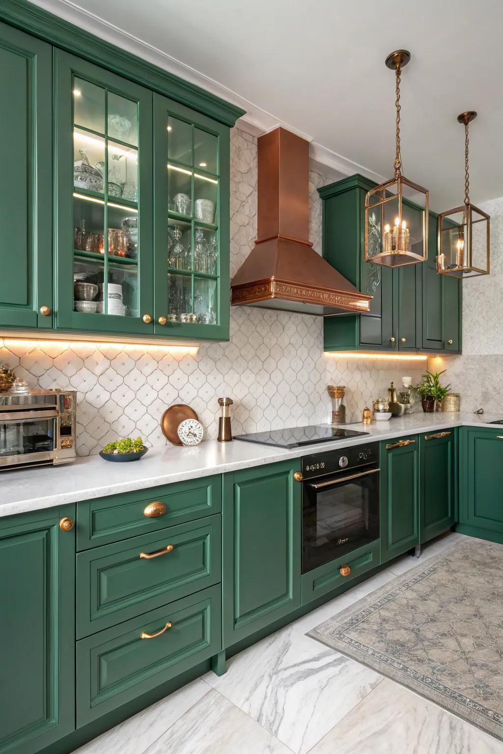 A warm and inviting kitchen featuring a blend of emerald green and copper.