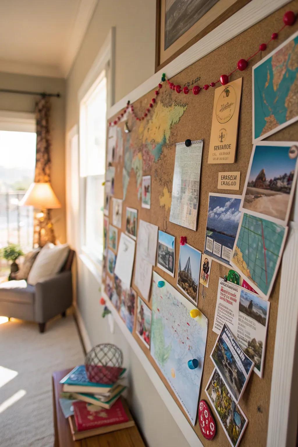 A travel memories board filled with souvenirs and map pins.