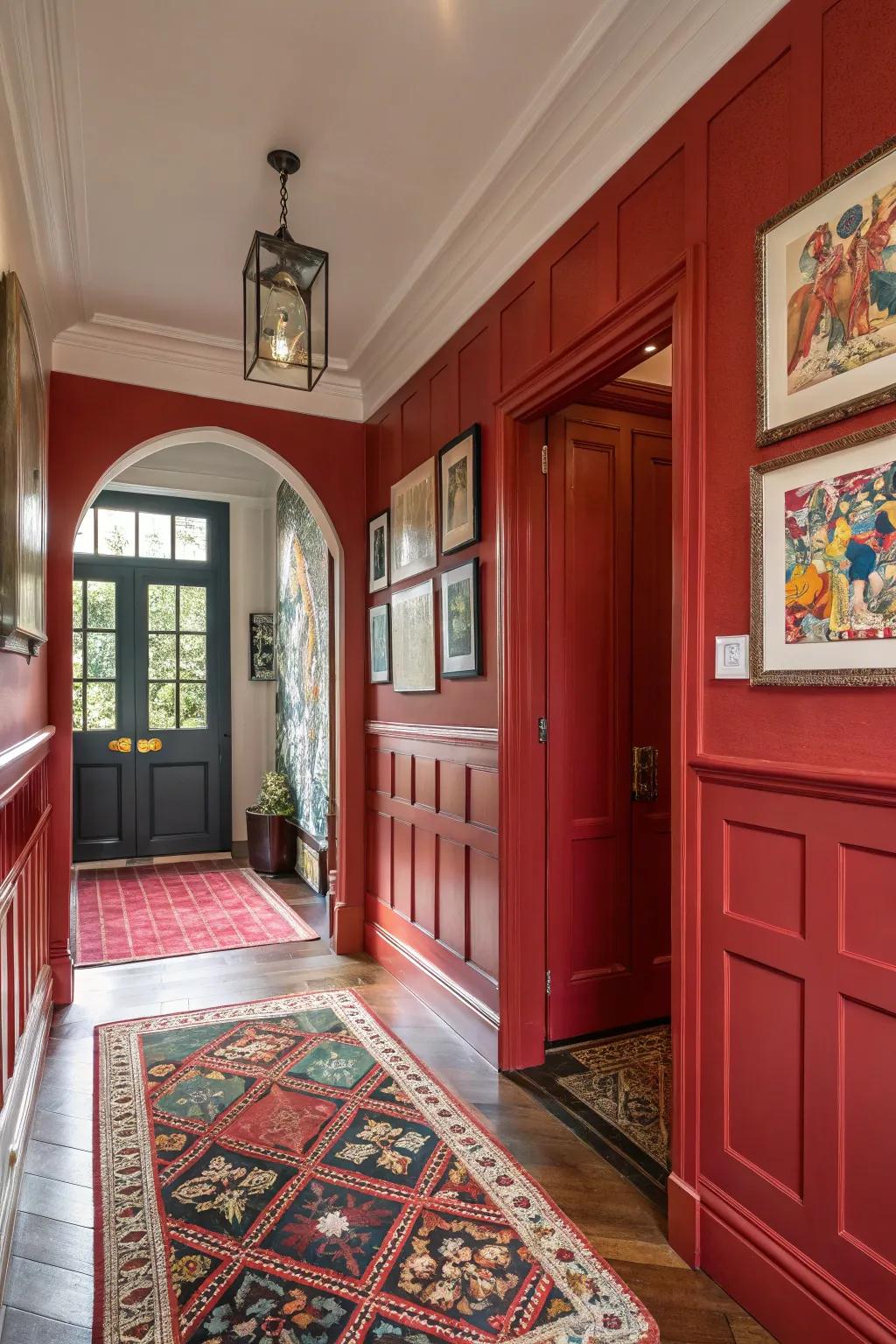 Red wainscoting adds energy and boldness to your entryway.