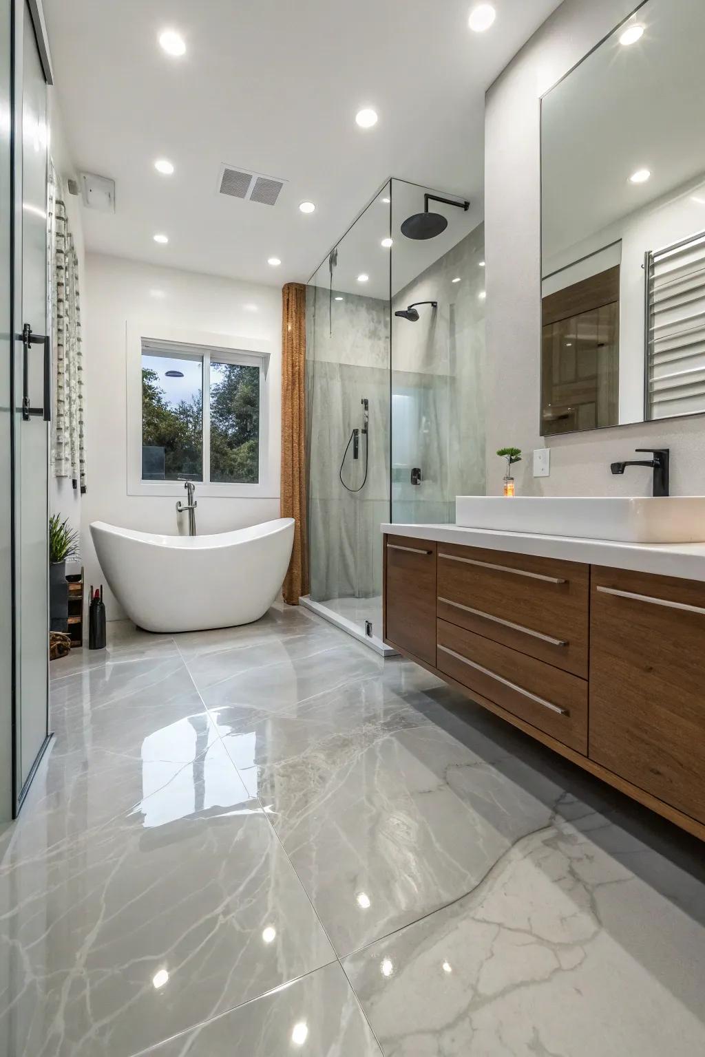 Seamless epoxy floor creating a sleek, cohesive bathroom look.