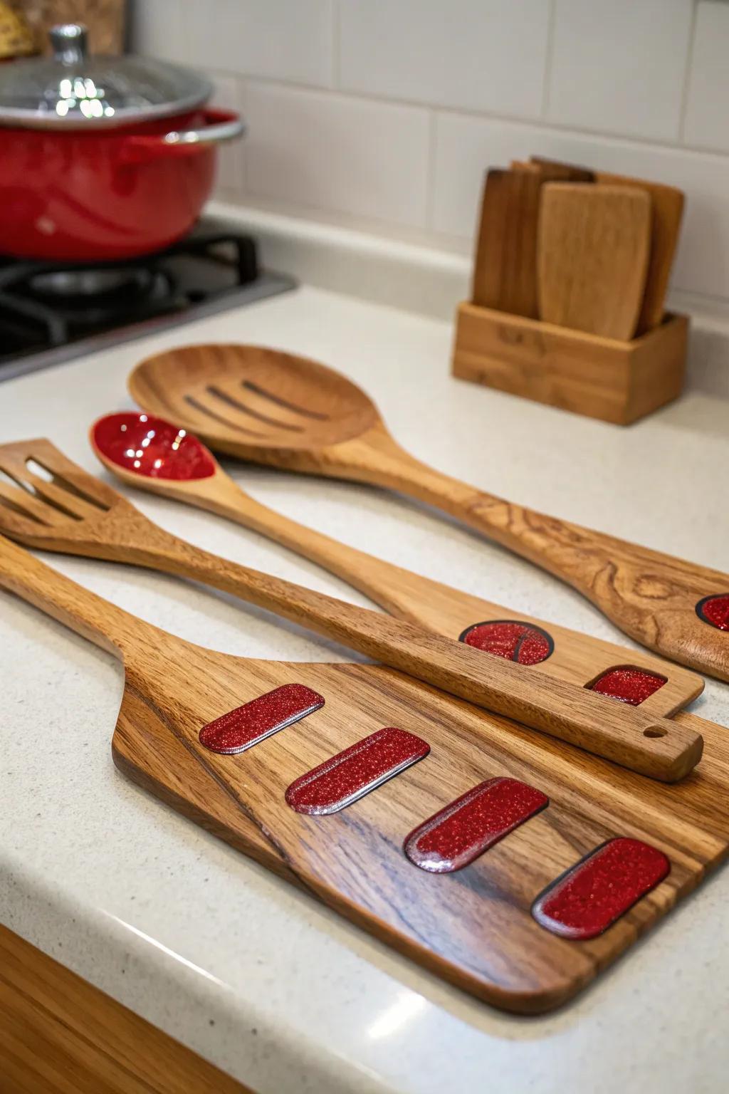 Epoxy inlay serving utensils, adding vibrancy to your meals.