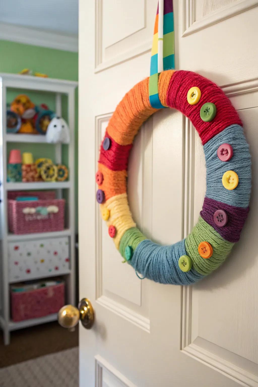 Yarn and buttons make for a playful and colorful wreath.