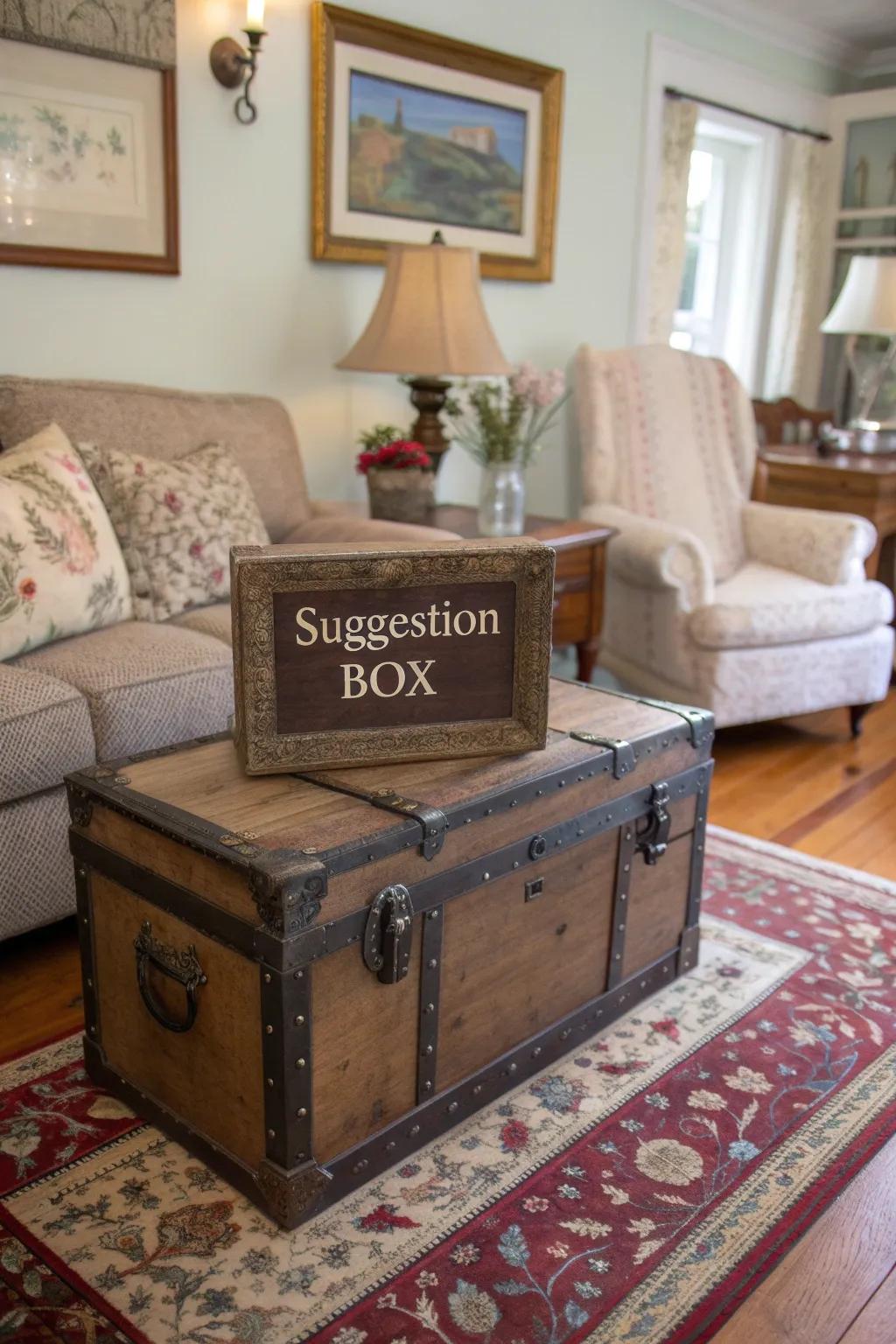 A vintage trunk suggestion box in an elegant living room.