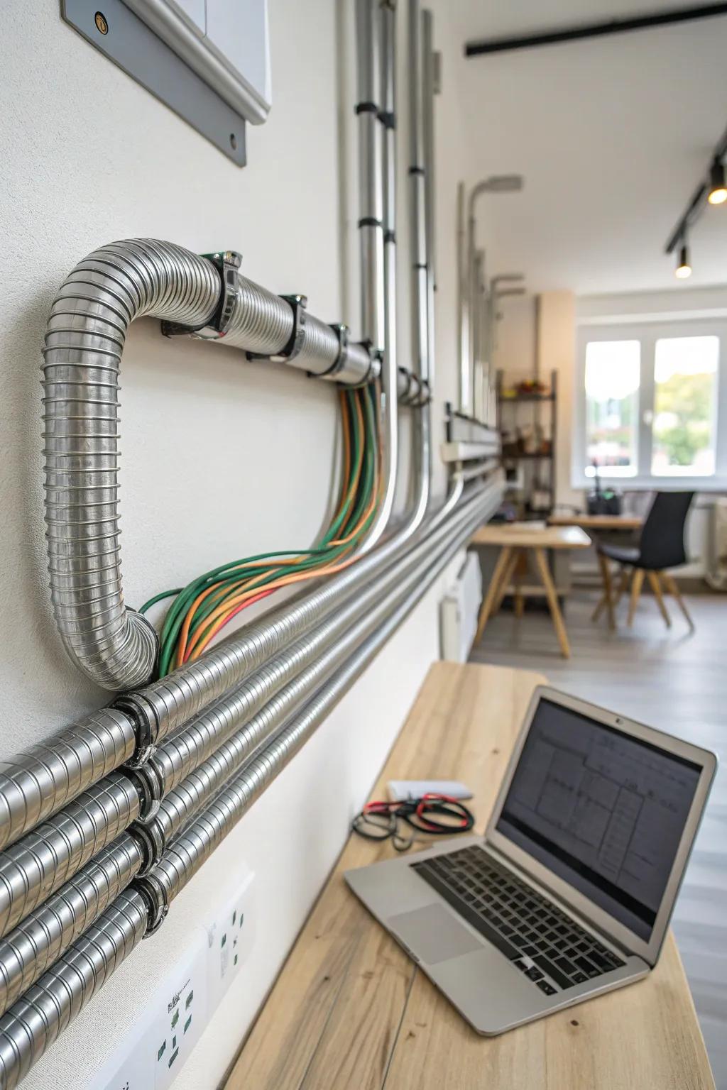 Elevate your workspace with industrial elegance: Exposed conduits for the modern craftsman.
