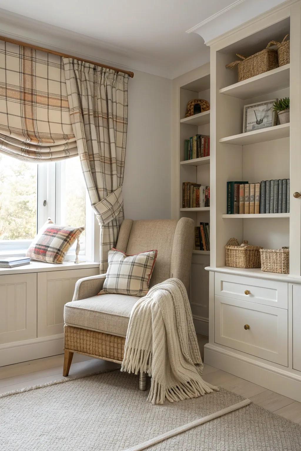 Embrace cozy elegance with timeless plaid patterns in your reading nook.