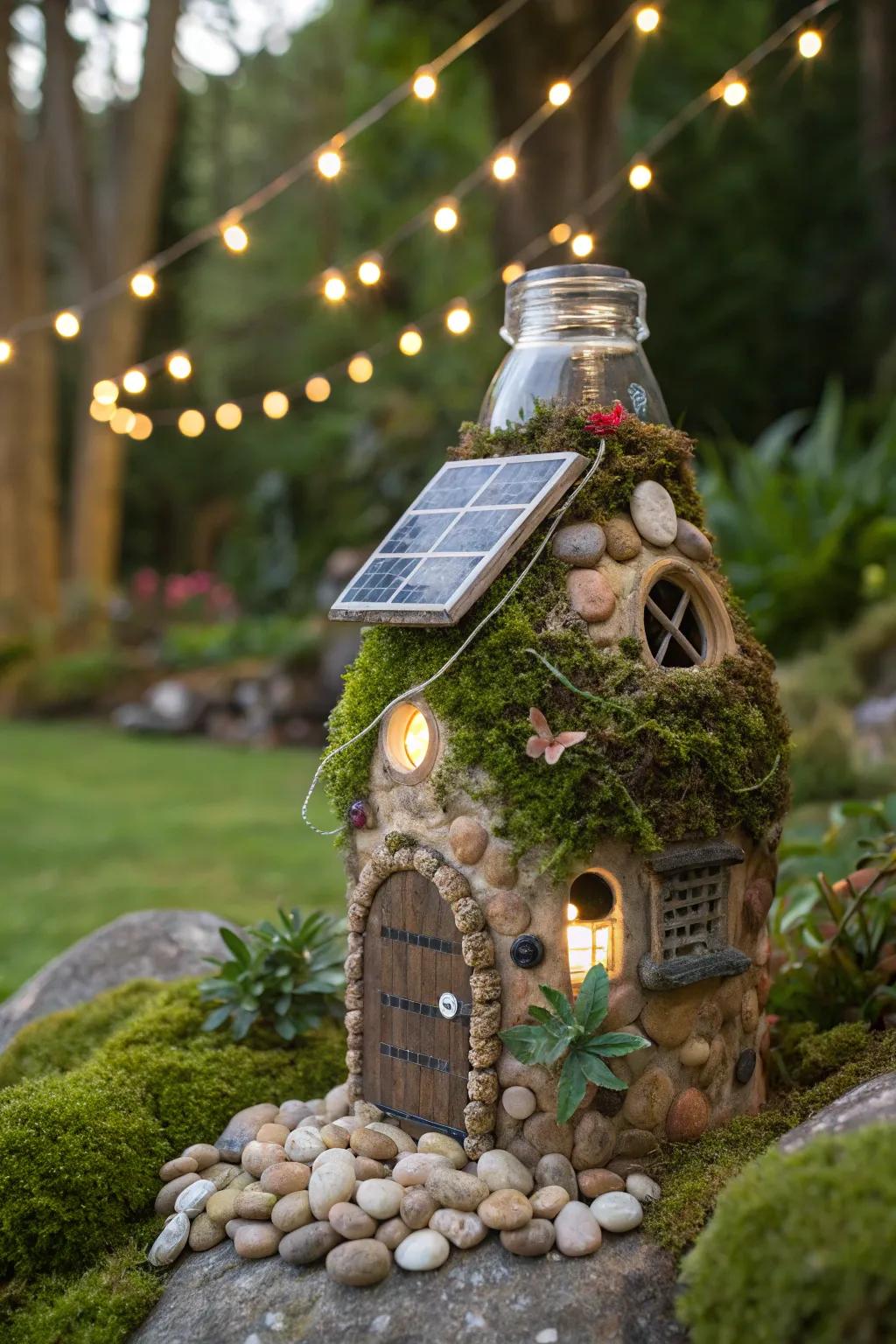 A solar-powered fairy house that adds nighttime magic to the garden.