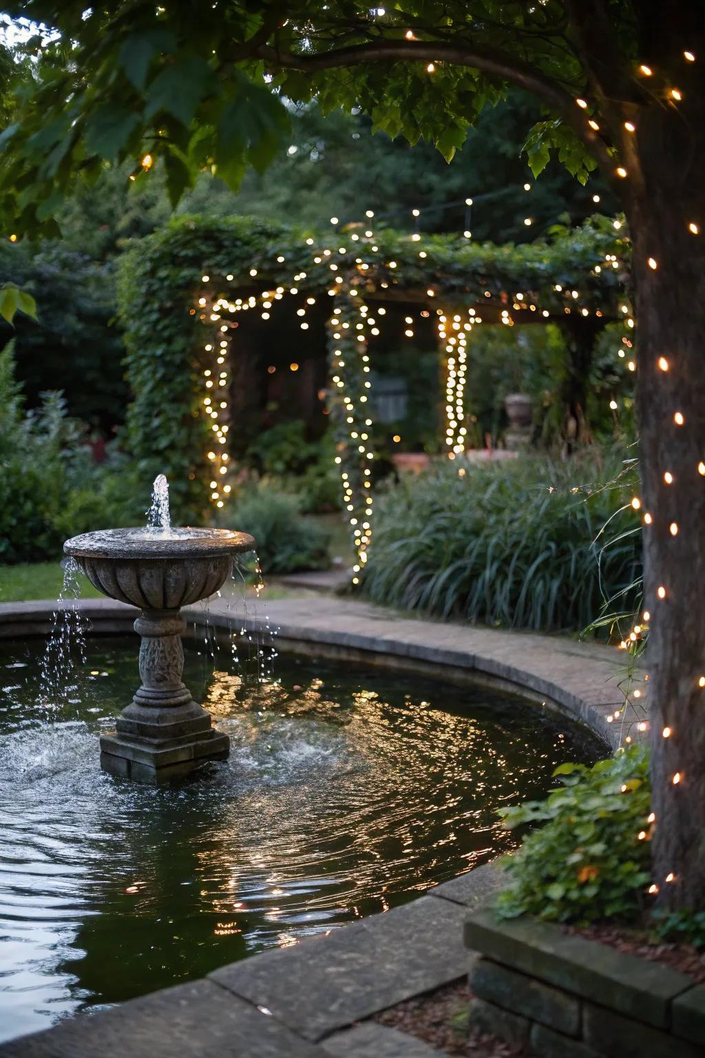 A water feature enhanced by fairy lights, adding a magical sparkle to the garden.