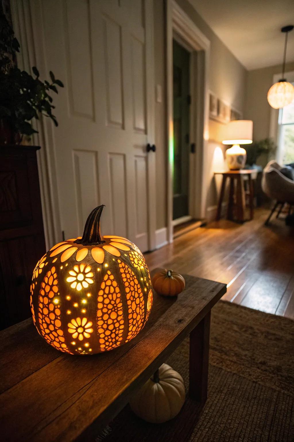 Glow-in-the-dark pumpkins create a magical nighttime display.