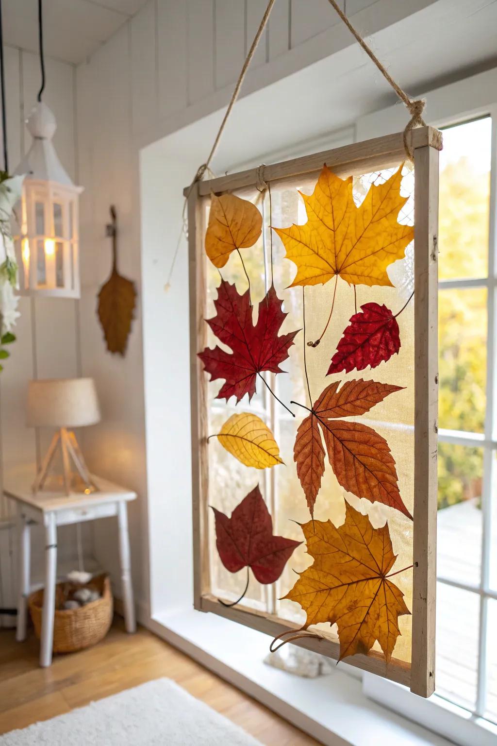 Capture the essence of autumn with a handcrafted leaf stained glass window, blending simplicity and natural beauty.