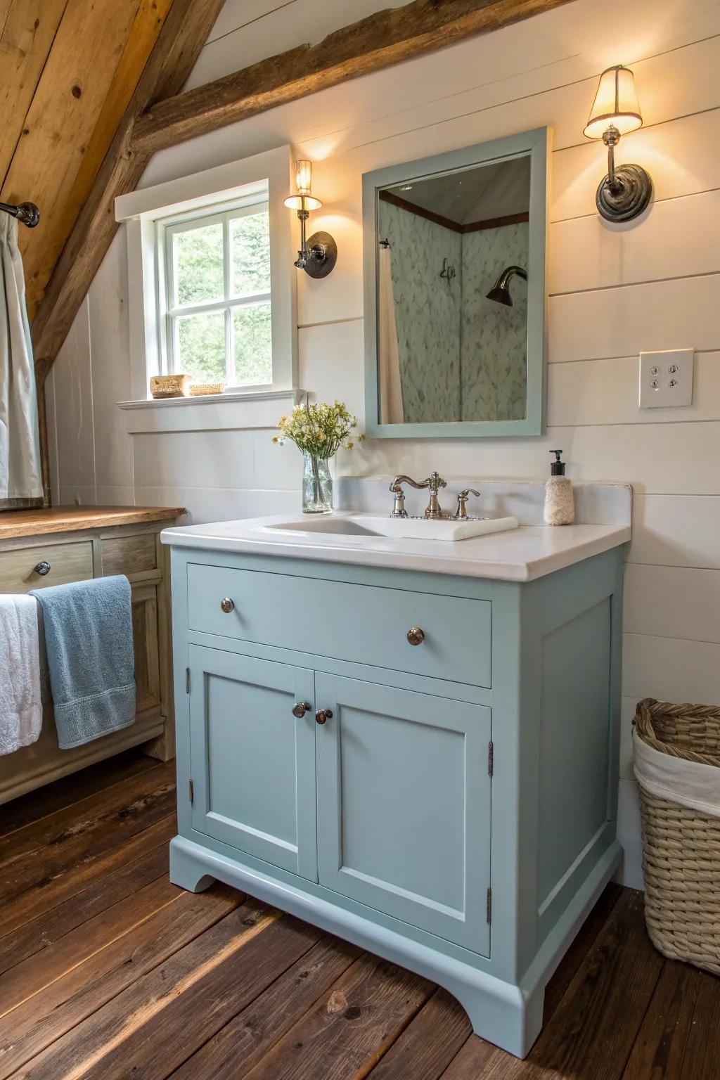 A farmhouse bathroom featuring a painted vanity that adds a pop of color.