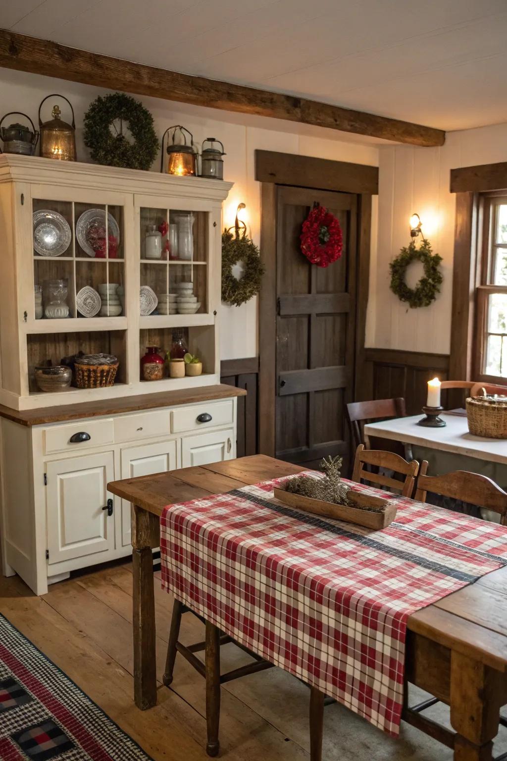 Festive farmhouse kitchen with plaid and vintage accents.