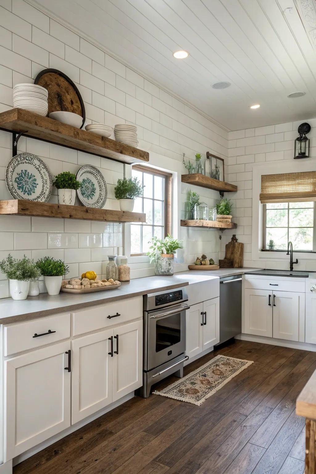 Farmhouse kitchen featuring floating shelves for a modern twist.