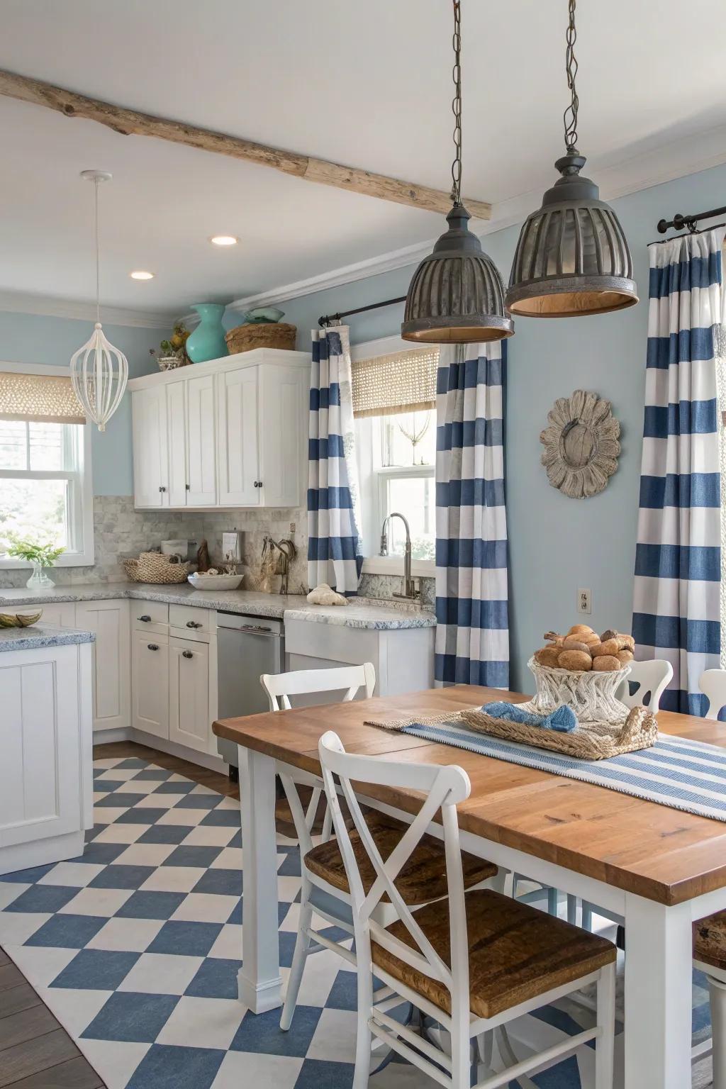 Nautical pendant lights add a seaside vibe to the farmhouse kitchen.