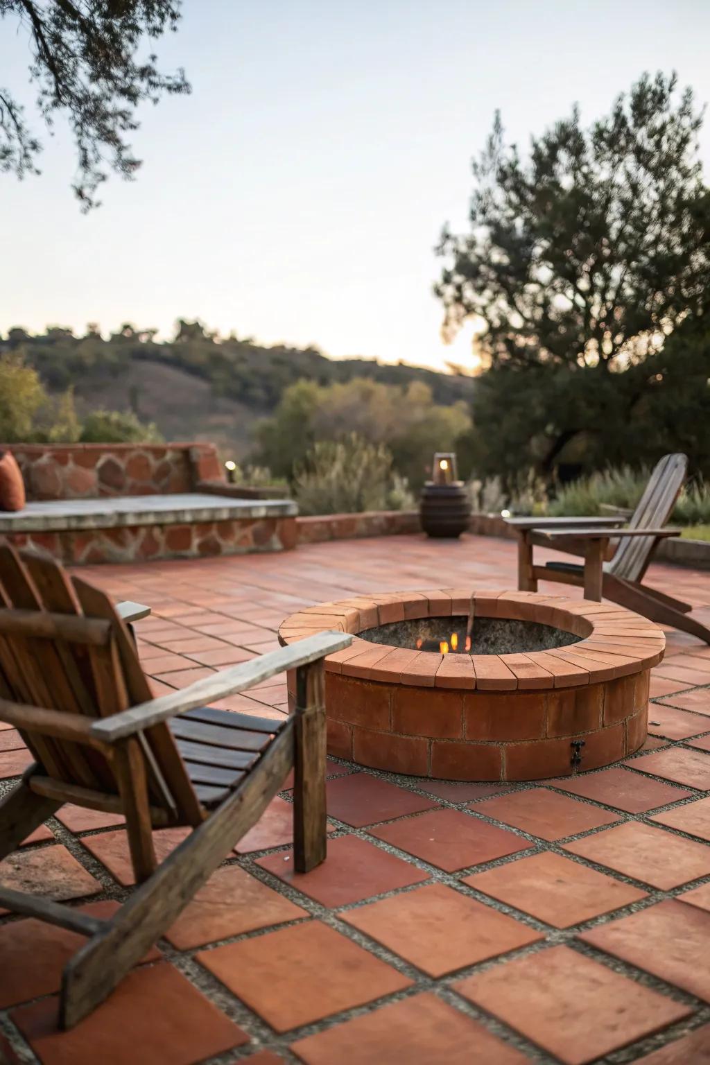 Terracotta tiles add warmth and rustic charm to your fire pit area.