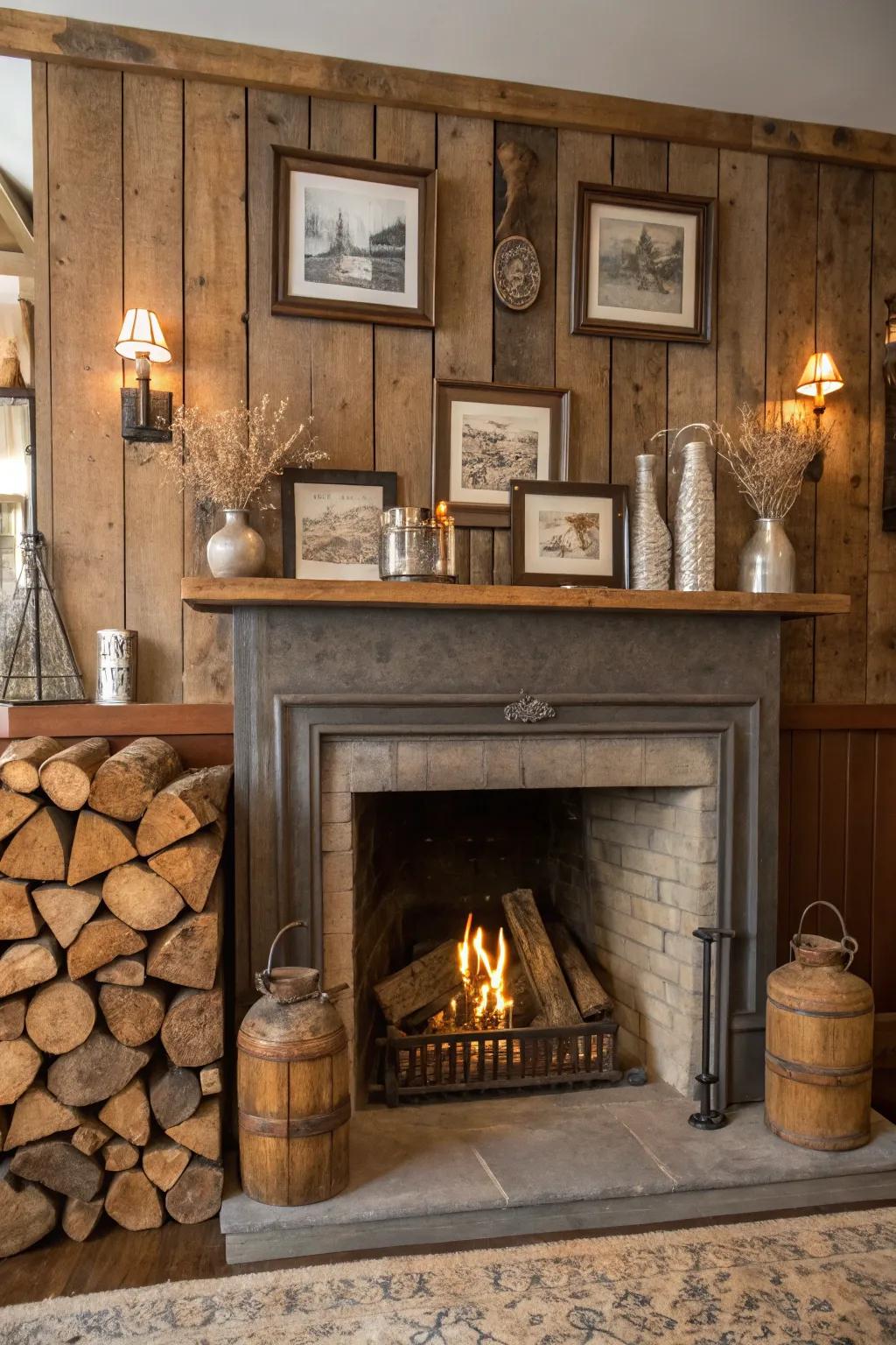 Rustic charm adds warmth to this fireplace decor.