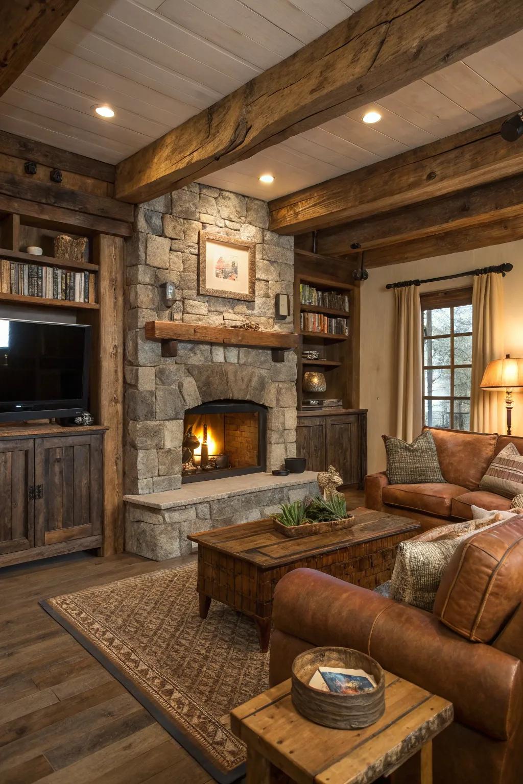 Reclaimed wood adding rustic charm and character to a cozy fireplace.