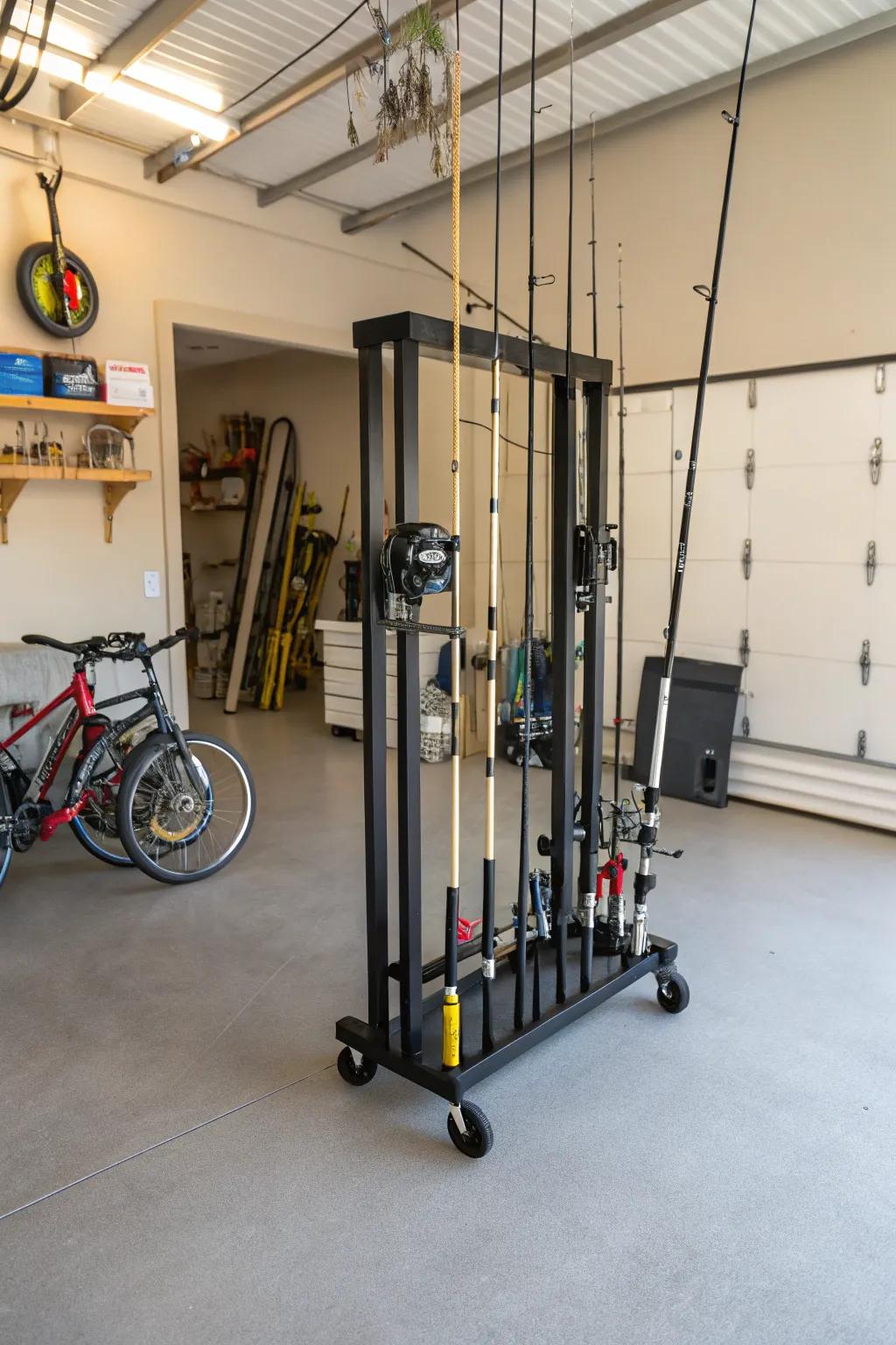 A vertical rod storage cart allows easy mobility and access.