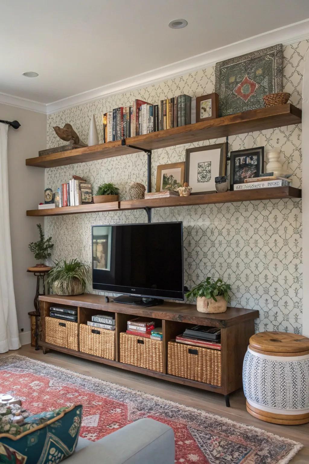 Floating shelves with mixed materials add texture and depth to the living space.