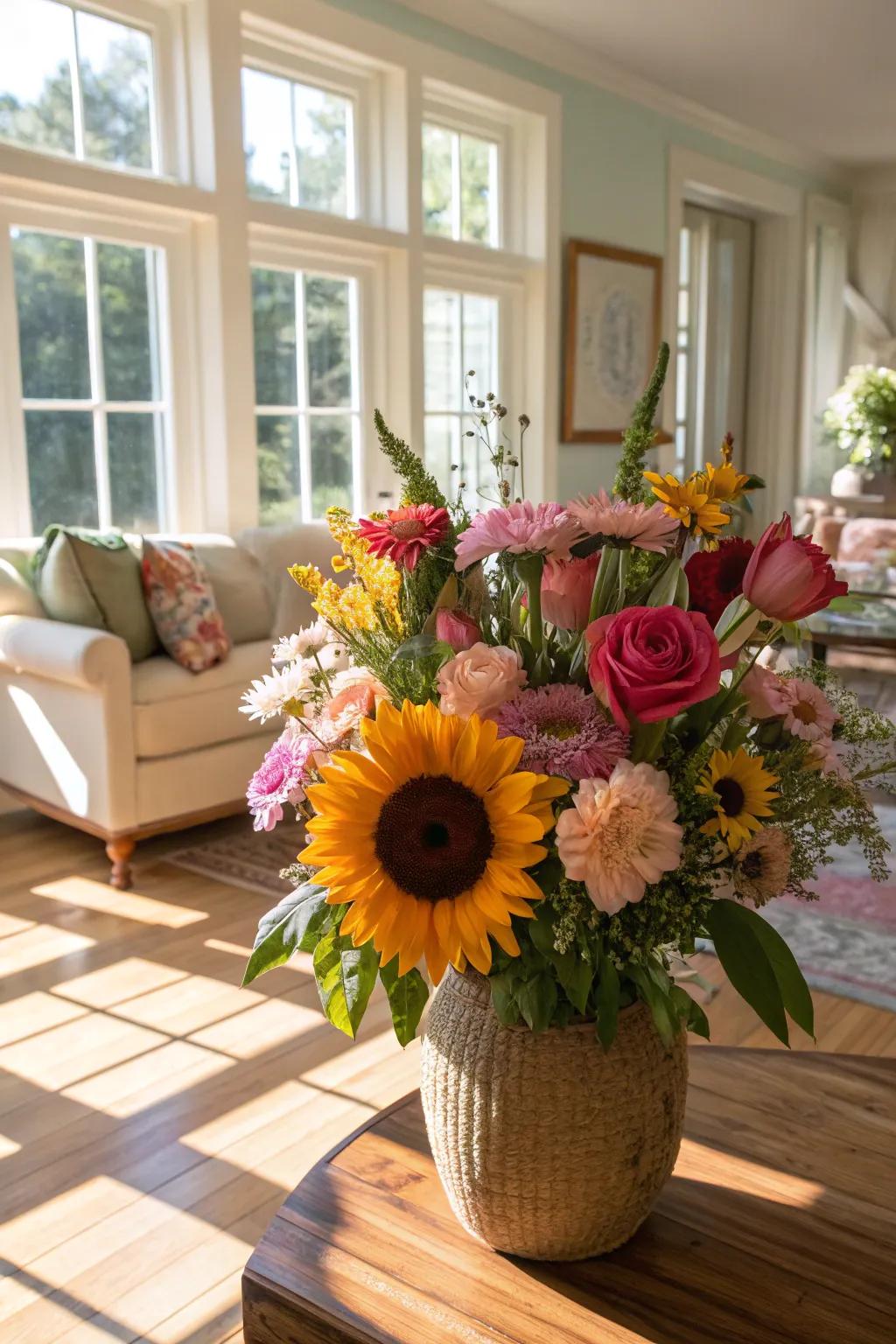 Cheerful summer floral arrangement with vibrant colors.