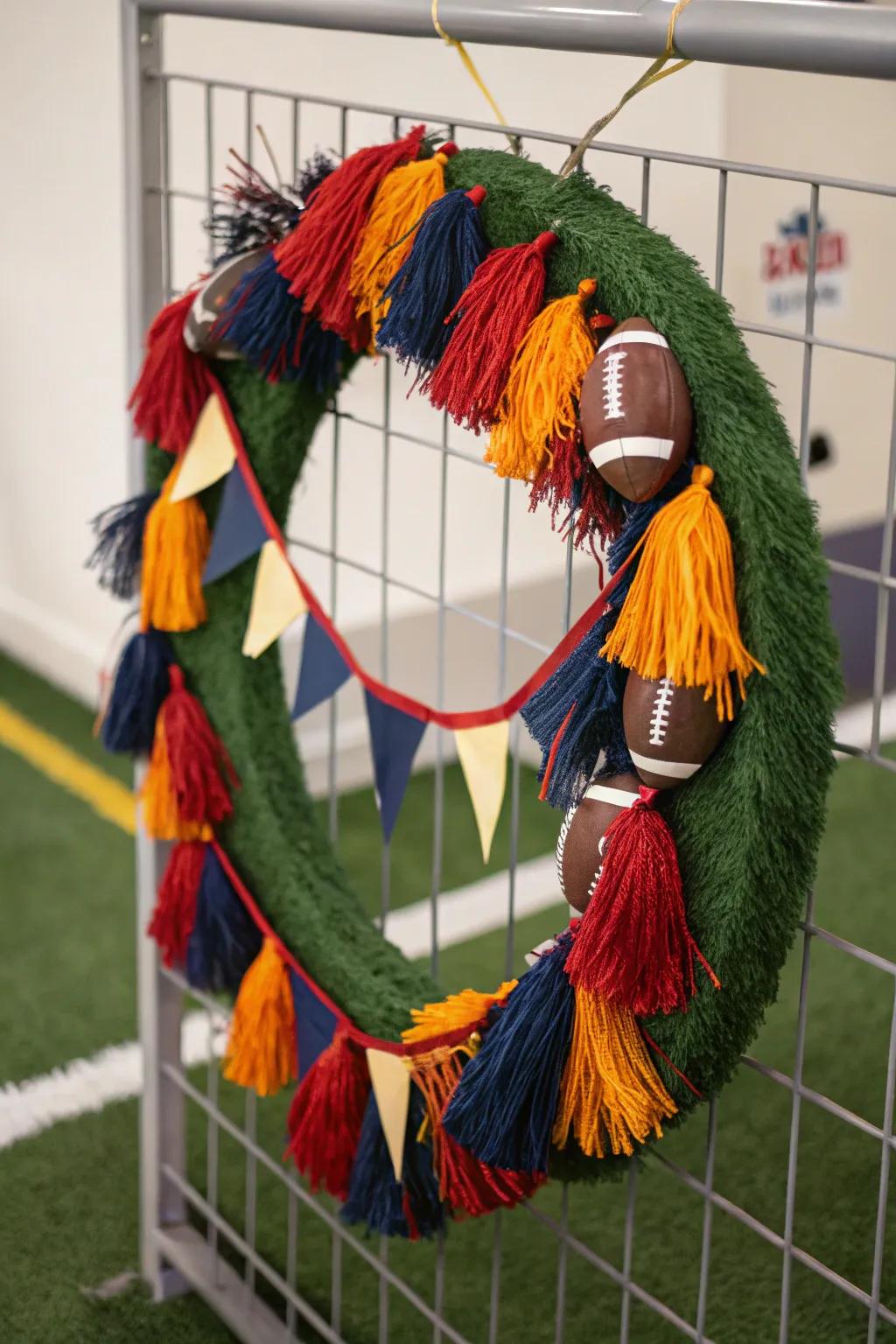 Dynamic tassels bring movement and color to this lively football wreath.