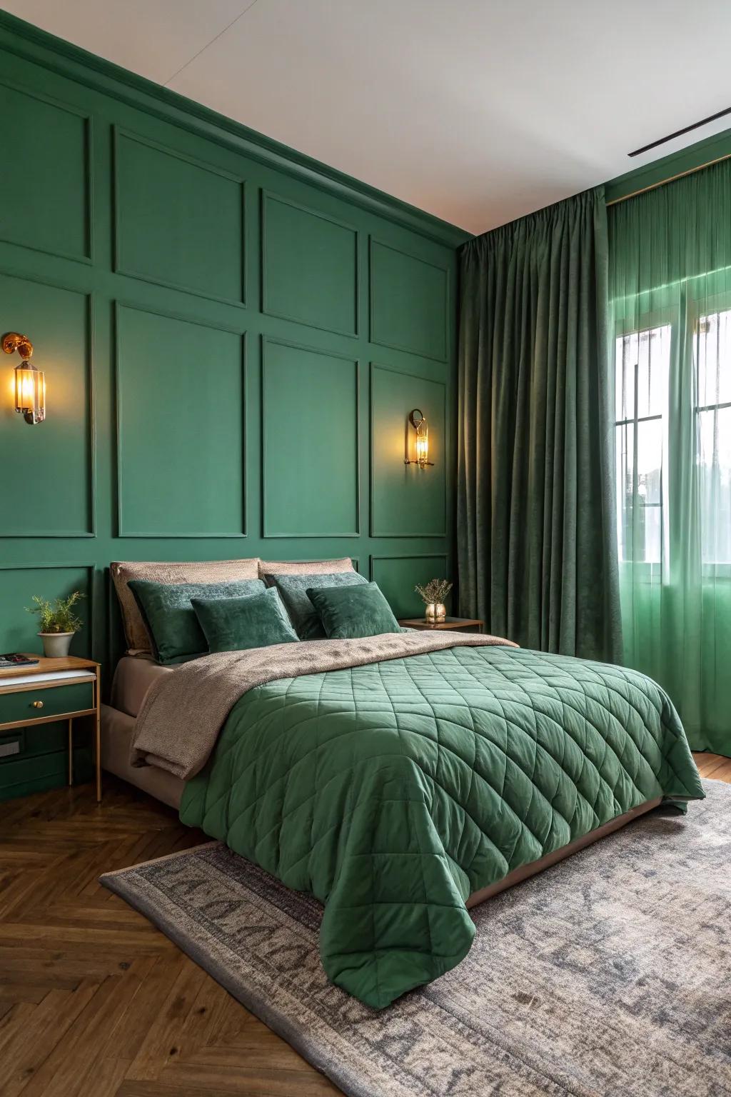 The right wall color can enhance the elegance of forest green bedding.