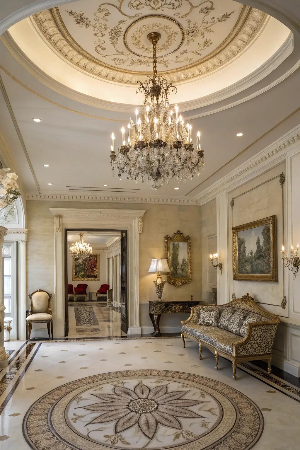 A ceiling medallion adds an extra layer of elegance to this foyer.