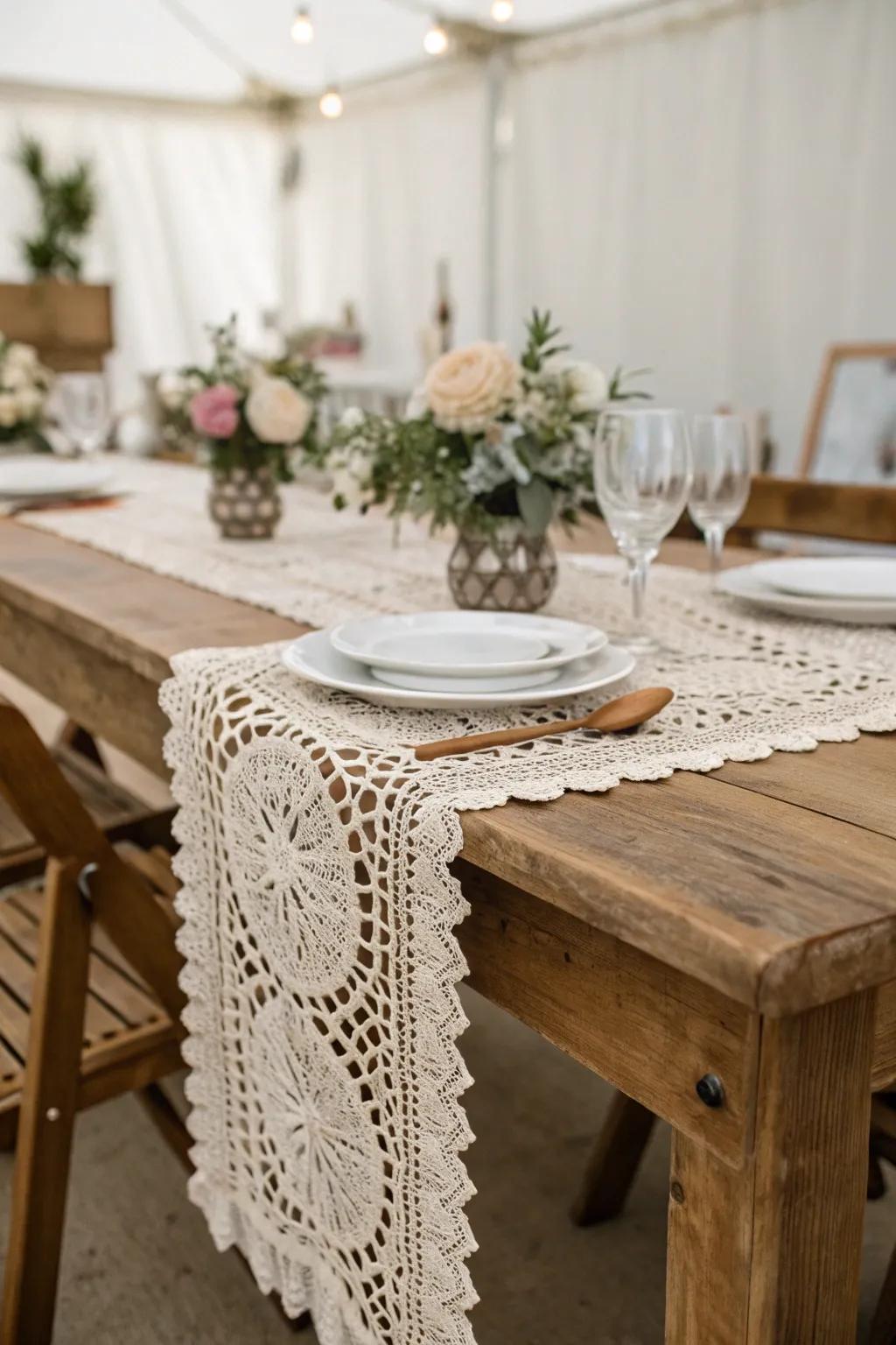 A lacy table runner adding elegance to dining decor.