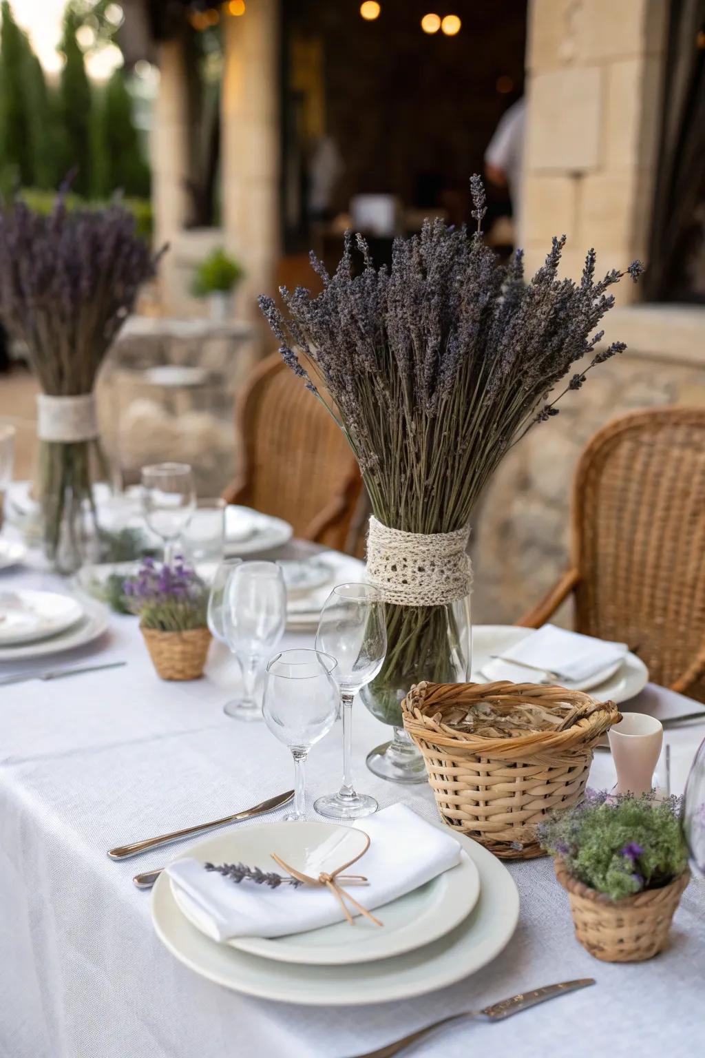 Dried lavender bundles provide an aromatic and decorative touch to this table.