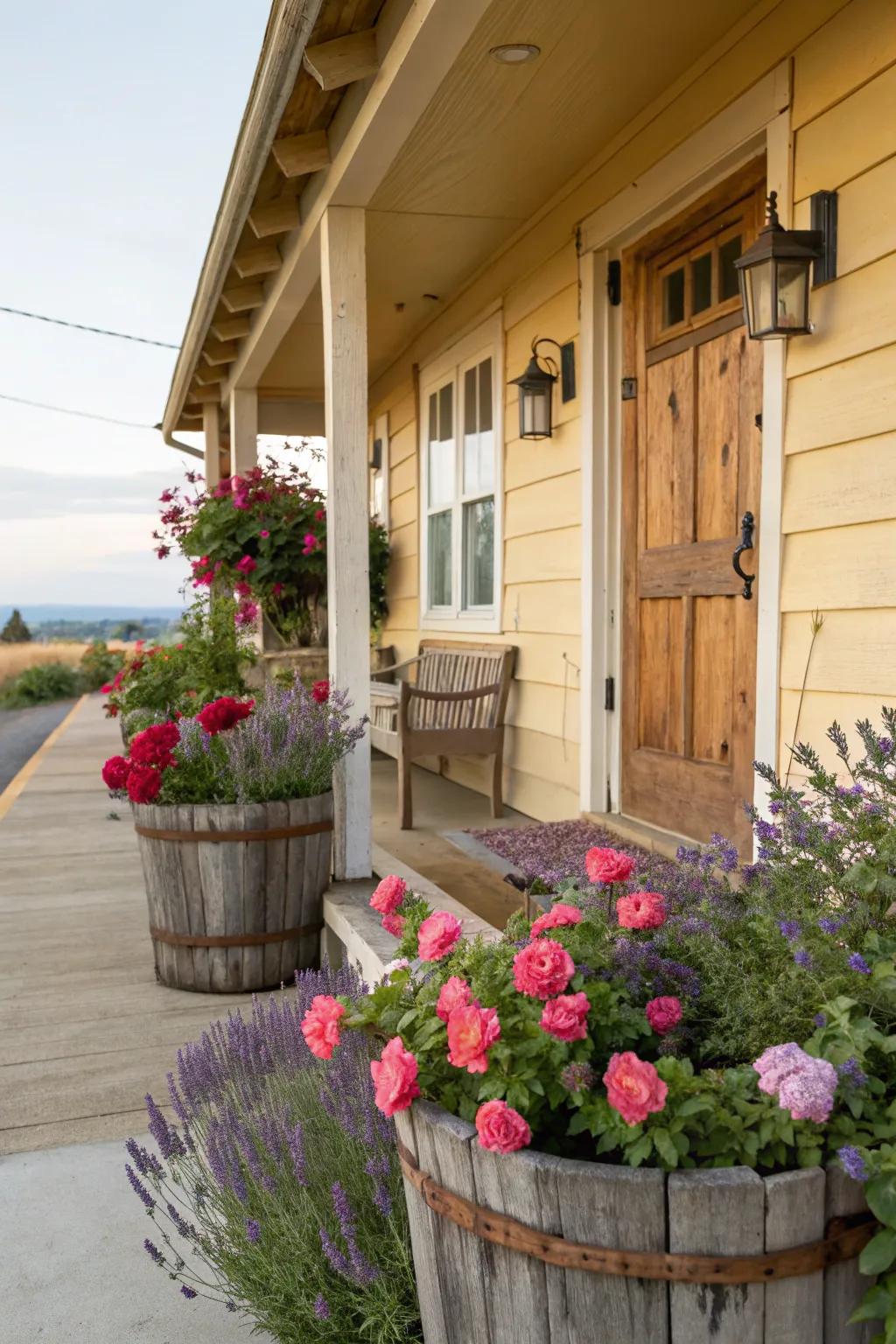 Cottage garden charm with roses and lavender.