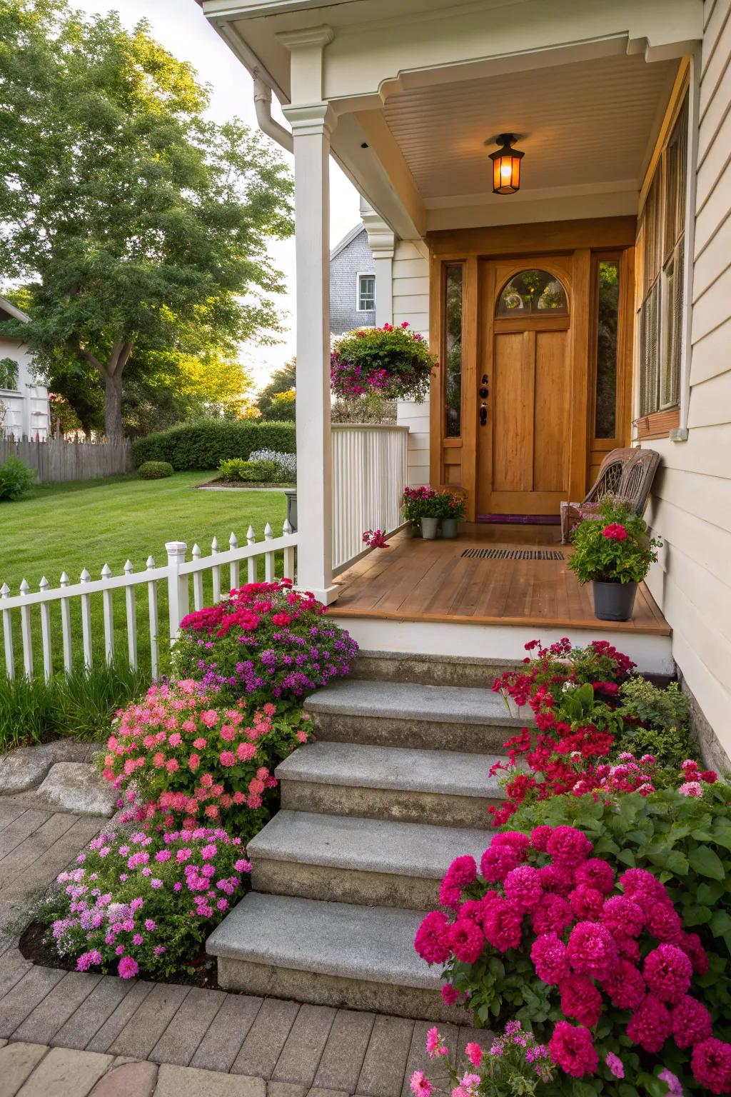 Floral borders add vibrancy and color to porch steps.