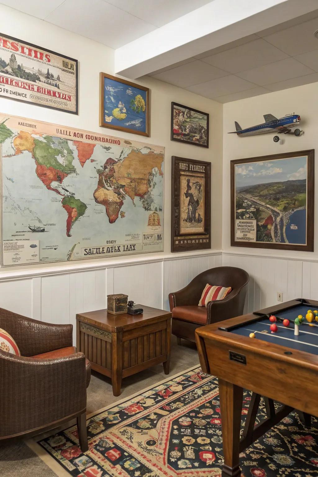 A vintage travel-themed game room mural for a nostalgic adventure.