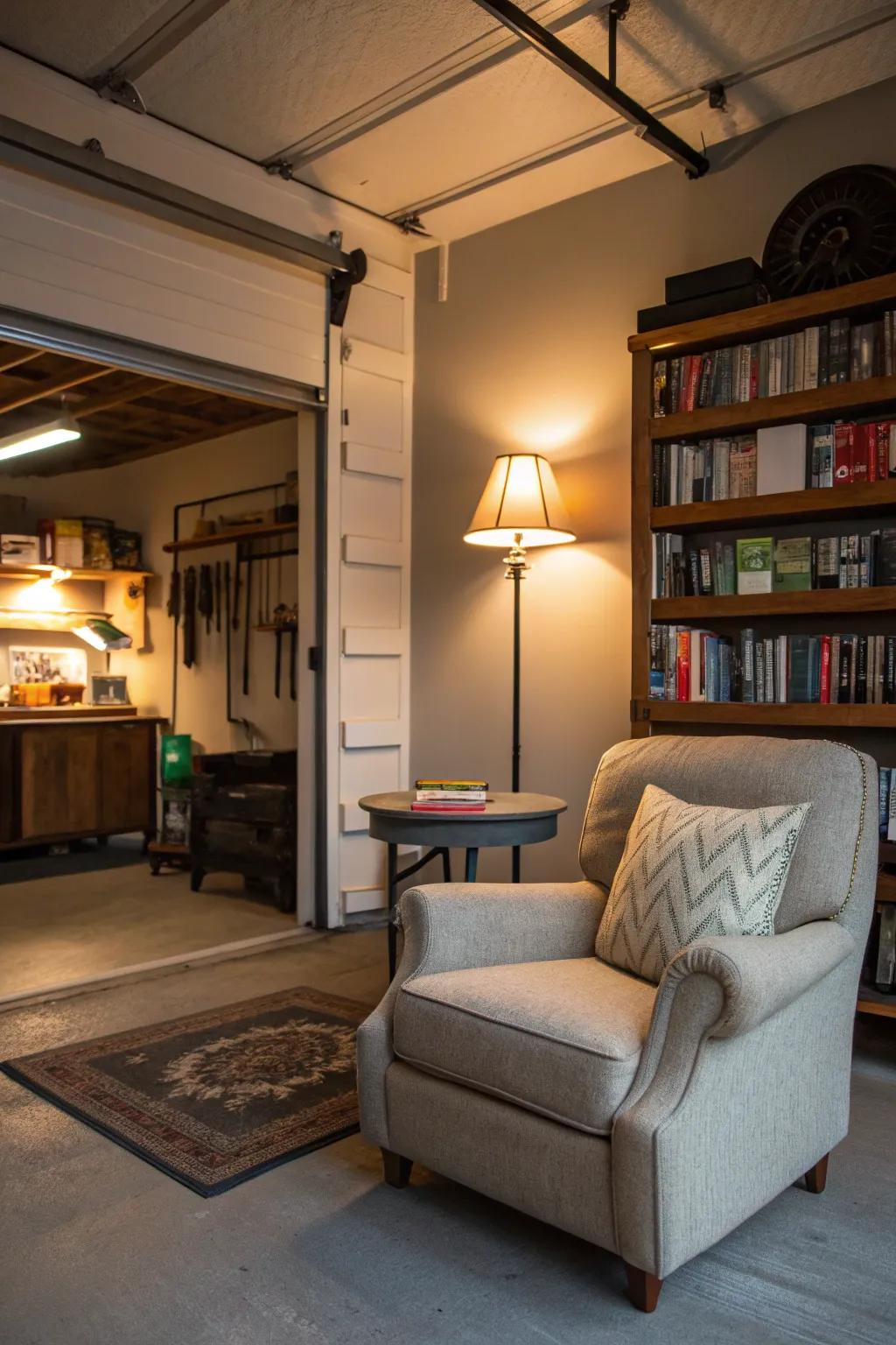 A reading nook adds a cozy and inviting touch to your garage bedroom.