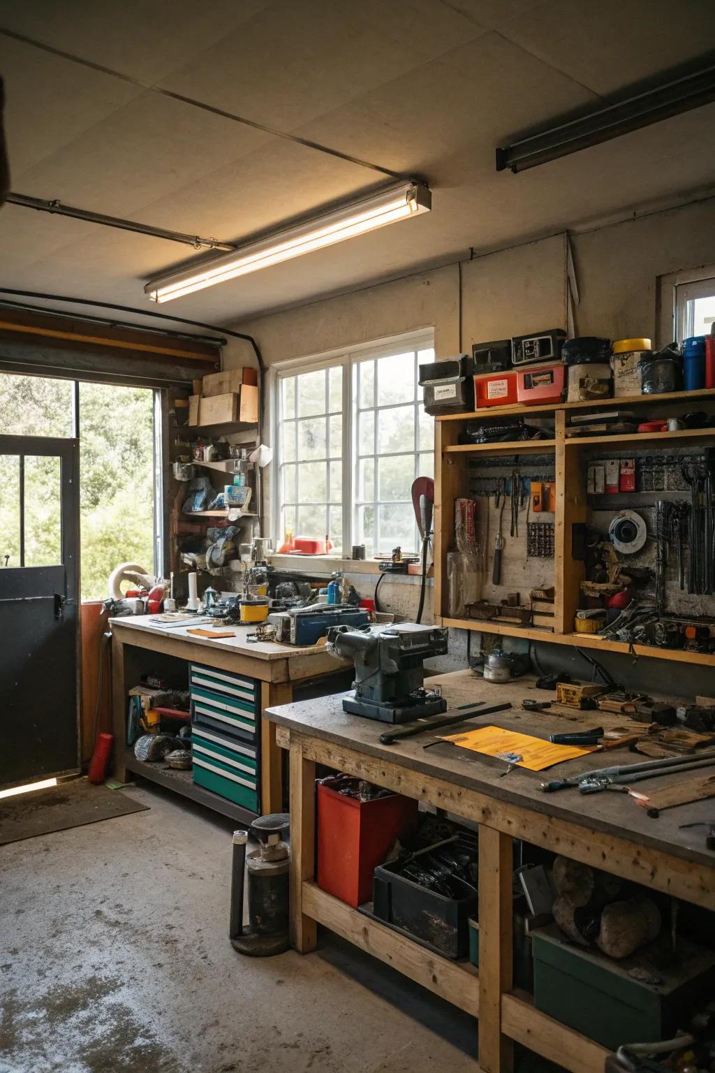 A functional workshop designed within a converted garage.